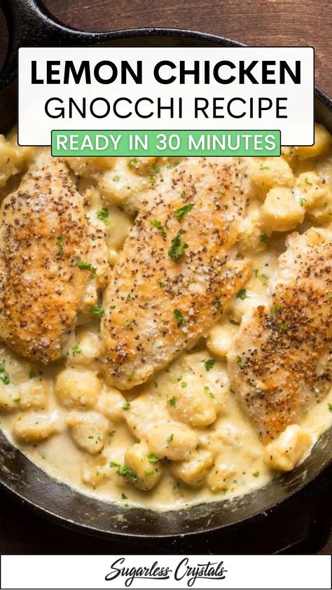 Whip up a delicious dinner in just 30 minutes with this easy one pan lemon parm chicken gnocchi recipe! This flavorful dish combines tender chicken, pillowy gnocchi, and a creamy lemon parmesan sauce for a meal the whole family will love. Perfect for Italian dinner ideas or date night meals, this homemade gnocchi recipe is sure to impress. Try it tonight for a quick and delish Italian-inspired dinner! Gnocci Meals With Chicken, Gnocchi One Pan Recipes, Gnocchi Recipes Sheet Pan, Lemon Gnocchi Recipes, One Pan Chicken Gnocchi, Lemon Chicken Gnocchi, Lemon Chicken Gnocchi Recipes, Gnocchi Recipes Lemon, Dinner Meals For Two