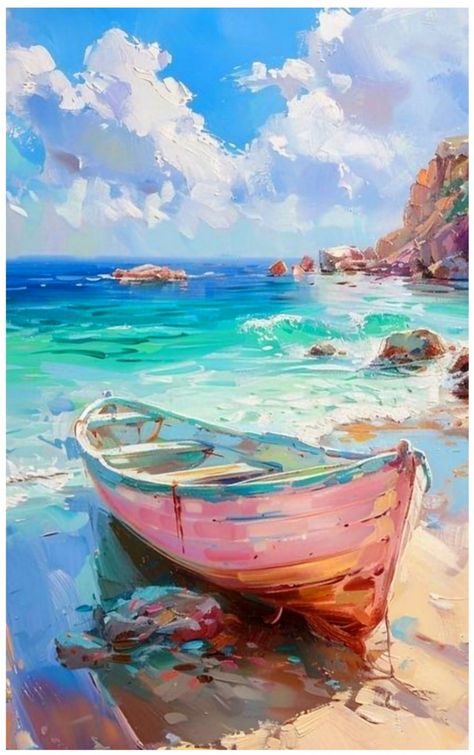 Colored Pencil Artwork, Flower Painting Canvas, Boat Art, Painting Art Lesson, 3d Painting, Art Inspiration Painting, Illustration Artwork, Seascape Paintings, Line Art Drawings