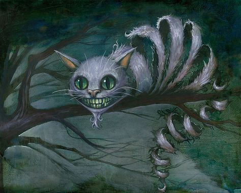 This artist is my newest obsession... Kevin Eslinger. 95% of his work I would either plaster my walls with or tattoo on my body. Obsessed. Gatto Del Cheshire, Cheshire Cat Art, Alice In Wonderland Characters, 11x14 Print, Lewis Carroll, Creepy Art, Adventures In Wonderland, Weird Creatures, Cheshire Cat