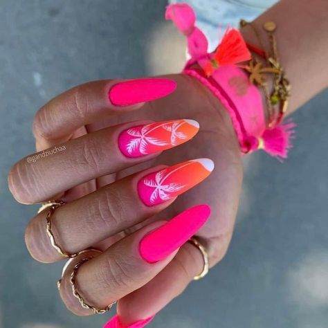 #nails #nailart #nailsofinstagram #u #manicure #beauty #nail #gelnails #nailsoftheday #nailsonfleek #nailstagram #nailsart #nailstyle #instanails #naildesign #acrylicnails #nailsdesign #inspire #naildesigns #love #nailswag #as #nailpolish #nailtech #unhas #gel #nailsnailsnails #nailartist #fashion #gelpolish Hot Pink And Hot Orange Nails, Nails Ombré, Neon Pink Nails, Palm Tree Nails, Fantasy Nails, Fashion Mood Board, Pink Neon, Orange Nails, Beauty Nail