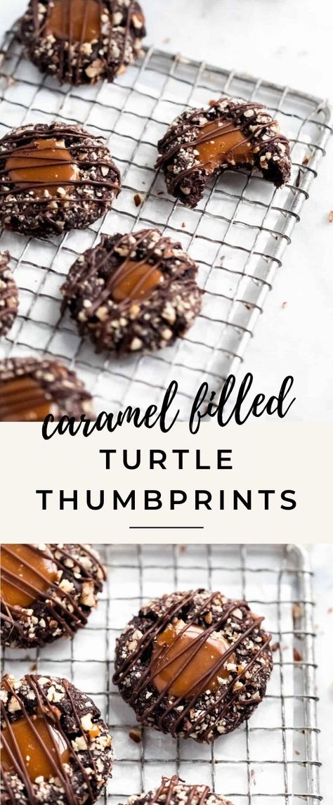 These turtle thumbprint cookies complete with a gooey caramel center and chopped pecans AKA the perfect christmas cookie this season! Pecan Thumbprint Cookies, Turtle Thumbprint Cookies, Thumbprint Cookies Christmas, Cookies Thumbprint, Chocolate Thumbprint Cookies, Jam Thumbprint Cookies, Broma Bakery, How To Melt Caramel, Thumbprint Cookies Recipe