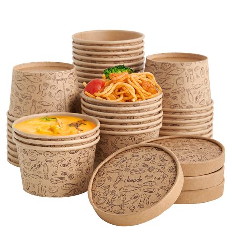 PRICES MAY VARY. VALUE PACK: 50 disposable soup bowls and 50 matching vented lids, a perfect match to save you the trouble of washing dishes while meeting your various needs. STURDY AND DURABLE: Paper soup containers with lids are made of high quality materials with leak-proof layers inside and rolled edges that allow the lid to close securely, effectively preventing spills and leaks. MULTI-PURPOSE: Use disposable soup buckets to keep food fresh without leaks and odors. You can try these soup bo Soup Storage, Food Delivery Packaging, Food Cups, Disposable Food Containers, Delivery Packaging, Pasta Bar, Paper Food, Cups With Lids, Soup Containers