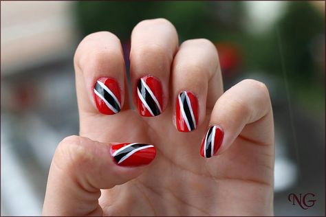 Nail Design With Black, Trinidad Flag, Striped Nail Designs, Red Nail Design, Caribbean Flags, Flag Nails, Red Nail Designs, Striped Nails, Red Nail