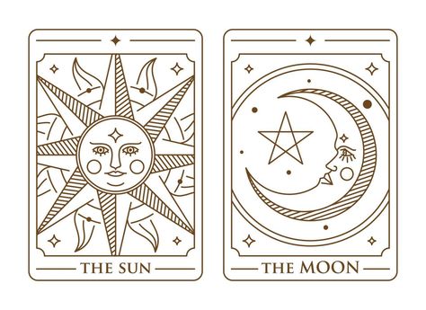 Sun And Moon Tarot, The Sun Tarot Card, The Sun Tarot, Line Art Style, Moon Vector, Sun And Moon Drawings, Moon Drawing, Tarot Art, Line Illustration