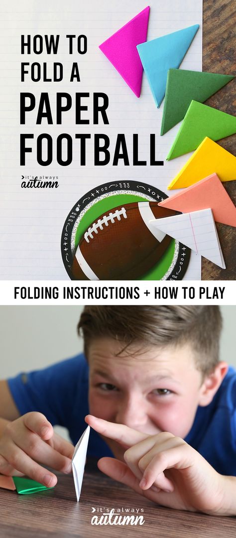 Superbowl Art Projects For Kids, Paper Football Game, Football Fine Motor Activities, Football Crafts For Kids Easy, Chiefs Activities For Kids, Paper Football How To Make A, Kids Superbowl Activities, Stem Activities With Paper, Superbowl Activities For Kids