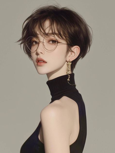 Hair Inspiration Short, Portrait Reference, Portrait References, Short Layered Haircuts, Tomboy Outfits, Face Reference, Wearing Glasses, Hair Reference, Pose Reference Photo