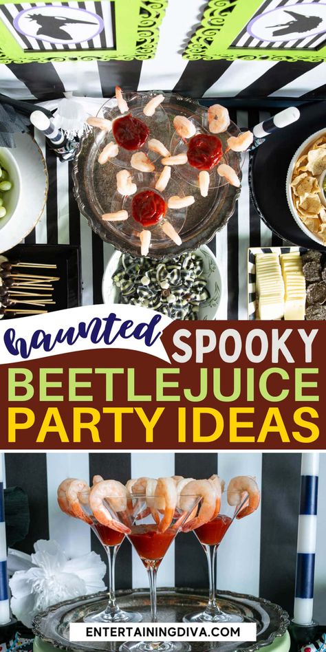 Haunted Spooky Beetlejuice Party Ideas Beetlejuice Recipe, Beetlejuice Themed Food, Beetlejuice Party Food, Beetlejuice Party Ideas, Beetlejuice Decor, Beetlejuice Party, Beetlejuice Wedding, Party Ideas Halloween, Juice Party