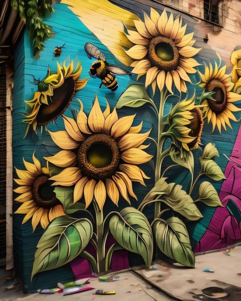 Gate Mural Ideas, Farm Murals Ideas, Sunflower Wall Mural, Murals On Fences, Sunflower Murals, Wall Murals Painted Outdoor, Sunflower Mural, Garden Murals, Farm Mural