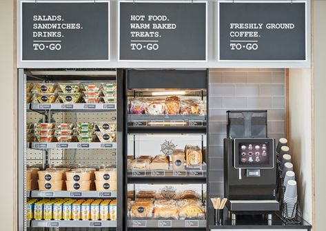 Grab And Go Store Design, Grab And Go Catering Ideas, Grab Go Food Display, Grab And Go Food Display Retail Design, Hot Food Display Counter, Cafe Food Display, Grab And Go Cafe, Hot Food Display, Grab And Go Food