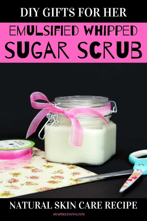 Whipped Sugar Scrub Recipe To Naturally Exfoliate & Hydrate Skin. If you have dull or dry skin, give it a boost with this homemade whipped sugar scrub recipe. Made with natural skin care ingredients, this DIY whipped sugar scrub naturally exfoliates and hydrates skin. So you get soft, beautiful glowing skin with a more youthful appearance. Say goodbye to tight, dry, itchy or even flaky skin today by adding this easy, homemade beauty recipe to your natural skin care routine! #whippedsugarscrub Diy Whipped Sugar Scrub, Whipped Sugar Scrub Recipe, Sugar Scrub Homemade Recipe, Emulsified Sugar Scrub, Whipped Sugar Scrub, Lip Scrub Recipe, Natural Skincare Recipes, Homemade Beauty Recipes, Natural Skin Care Ingredients