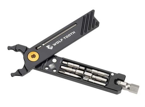 This multi-tool holds a whole set of bits in the handle Wolf Tooth, Wolf Teeth, Black Bolt, Bike Tools, Multi Tools, Screwdriver Bits, Flat Tire, Clever Storage, Multi Tool