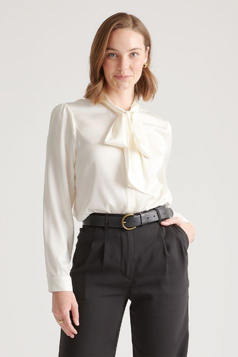 Elevate your everyday look with our washable silk tops. From essential tees to button-front blouses, our timeless styles are made of premium mulberry silk with a hint of stretch for a flexible fit. Silk is hypoallergenic, thermoregulating, and nourishing for the skin, making it perfect for everyday wear. Classic Silk Blouse With Tie Neck, Elegant Tie Neck Blouse For Semi-formal Occasions, Elegant Tie Neck Blouse For Semi-formal Events, Elegant Semi-formal Tie Neck Blouse, Elegant Silk Tops With Bow, Elegant Silk Tops With Bow Detail, Elegant Tops With Bow For Workwear, Elegant Workwear Top With Bow, Elegant Workwear Top With Bow Detail