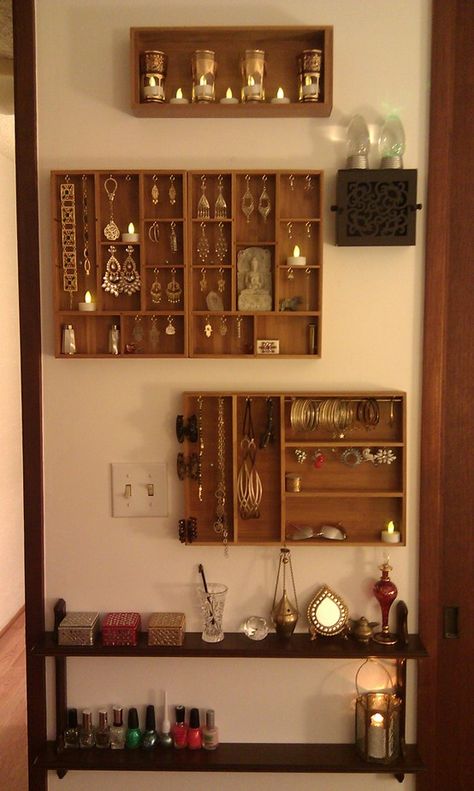 Jewelry Wall Wooden Jewelry Wall Display, Small Space Jewelry Storage, Jewellery Wall Storage, Purse Wall Display Aesthetic, Jewelry Hangers For Wall, Wall Jewelry Storage, Big Jewelry Organizer, Jewelry Display Home, Jewelry Wall Display Ideas