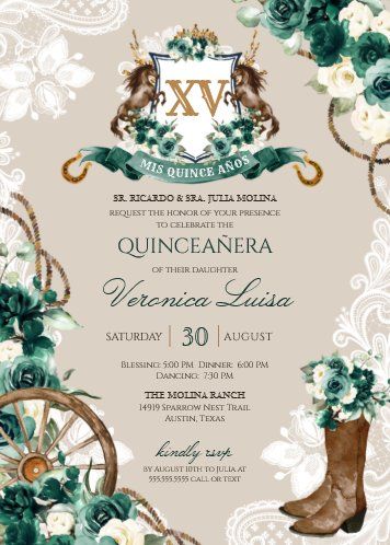 Emerald Quinceanera Invitations, Emerald Green Vaquero Quince, Emerald Green Quinceanera Theme Vaquera, Green Vaquera Quinceanera Ideas, Emerald Green Charro Quinceanera Theme, Charro Quinceanera Dresses Green, Rancho Quinceanera Theme Decorations, Quince Decorations Ideas Emerald Green, Emerald Green Quinceanera Theme Rancho