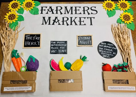 School Farmers Market Ideas, Vegetable Garden Bulletin Board, Things To Make For Farmers Market, Farmers Market Classroom Door, Food Theme Board Ideas For Preschool, Farmers Market Decor Ideas, Farmers Market Theme Preschool, Farmers Market Crafts For Preschoolers, Farmers Market Bulletin Board