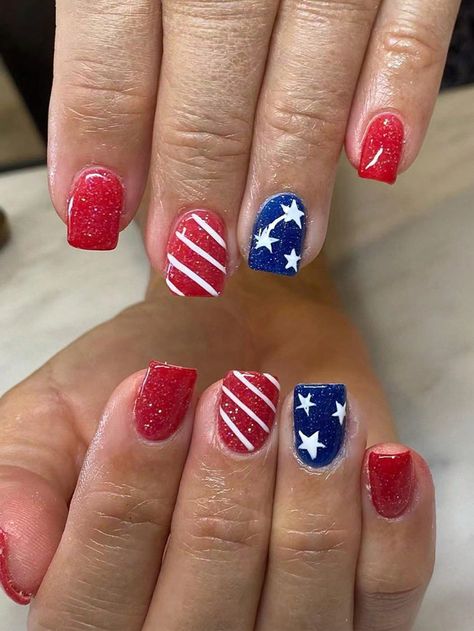 Multicolor  Collar   Cartoon,Geometric,Plain,Striped Color Nails Embellished   Nail,Hand & Foot Care 4th Of July Nails Simple Short, 4th Of July Short Nails, Plain Nail Colors, Classy 4th Of July Nails, 4th Of July Nails Simple, Simple Press On Nails, 4th Of July Nail Designs, 4th Nails, 4th Of July Nail