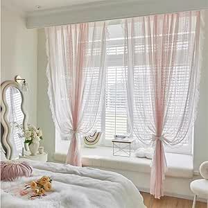 Pink Room Aesthetic Vintage, Coquette Curtains, Pink Room Aesthetic Decor, Bay Window Curtains Living Room, Pink Ruffle Curtains, Curtains Aesthetic, Light Pink Rooms, Pink Dorm Room Decor, Light Pink Bedrooms