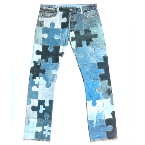 A Different Variation Of The Puzzle Denims. I Love The Contrast Shades Of Blue On This Pair. Everything Fits Together Perfectly. Just Solving A Game That Needs To Be Solved Really. If You Don’t Have These Already, What Are You Doing? Honestly Not A Lot Of People Are Going To Be Able To Own A Pair Of Them... Handmade Mens Custom Jeans, Patchwork Jeans Outfit, Weird Clothing, Denim Diy Clothes, Jeans Patchwork, Material Properties, Patchwork Clothing, Most Comfortable Jeans, Repurposed Denim