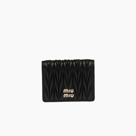 Black Small matelassé nappa leather wallet | MIU MIU Leather Wallet Women, Prada 2005, Metal Lettering, Golf Club Covers, Garment Cover, Miu Miu Wallet, Lettering Logo, Dream Shoes, Small Wallet