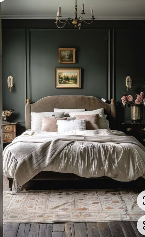 Dark Wall Curtain Ideas, Master Bedrooms Decor Romantic Luxe, Dark Gray Moody Bedroom, Moody Bedroom Vintage, French Provential Bedroom Decor, Jewel Tone Master Bedrooms Decor, Moody Colonial Decor, Simple Romantic Bedroom Ideas, Moody Chic Bedroom