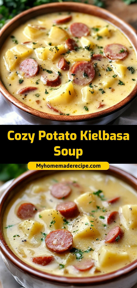 This Cozy Potato Kielbasa Soup is a creamy and hearty soup filled with tender potatoes, savory kielbasa, and a flavorful broth. Perfect for warming up on chilly days!  Ingredients:  1 lb kielbasa, sliced 3 medium potatoes, diced 4 cups chicken broth 1 cup heavy cream A comforting soup that’s easy to make and sure to satisfy Soup Made With Kielbasa, Cozy Kielbasa Potato Soup, Crockpot Kielbasa And Potato Soup, Cabbage Sausage Soup Kielbasa, Polish Sausage And Potato Soup, Cozy Potato Kielbasa Soup, Cheesy Kielbasa Potato Soup, Smoked Sausage Soup Recipes Kielbasa, Instant Pot Kielbasa And Potatoes