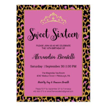 Sweet 16 Birthday|Girly Pink Leopard Gold Invite 16th Birthday Invitations, Glitter Invitations, Sweet Sixteen Parties, Sweet Sixteen Birthday, 16 Birthday, Sweet 16 Invitations, Sweet 16 Birthday, Pink Birthday, Pink Leopard