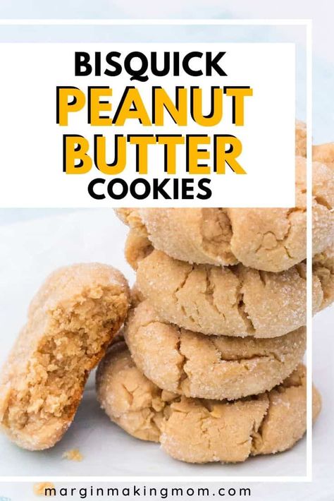 These easy, eggless peanut butter cookies are made with Bisquick baking mix, so they're a cinch to whip up! Soft and chewy and coated with sparkling sugar, they're a simple yet delicious treat! Bisquick Peanut Butter Blossoms, Baking Mix Cookies, Cookies Made With Bisquick, Bisquick Chocolate Chip Cookies Recipes, Bisquick Peanut Butter Cookies, Bisquick Desserts Easy, Bisquick Sweets, Biscuit Mix Recipe Ideas, Bisquick Deserts