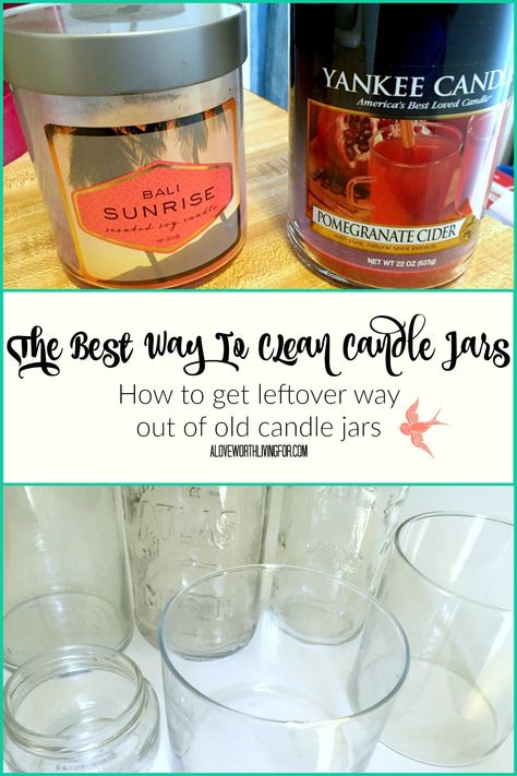 The Best Way To Clean Jars - How To Clean Candles & Food Jars: How to get the wax out of old candles & How to get the label and glue off of old pasta jars by A Love Worth Living For Clean Candle Jars, Pasta Jars, Candles Food, Clean Candles, Old Jars, Old Candle Jars, Empty Candle, Remove Wax, Food Jars