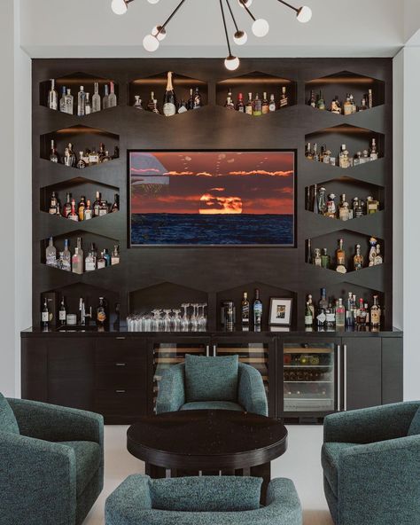 Tv Over Bar, Bar Wall With Tv, Tv Niche Ideas, Bar With Tv, Bar Wall Design, Recessed Tv, Tv Niche, Tv Bar, Shelves Around Tv