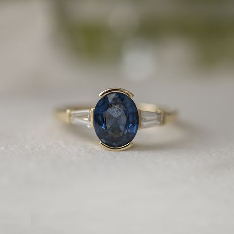 Custom half-bezel three-stone ring for Hannah! We repurposed her gold from a couple of sentimental family wedding bands, and she sourced the sapphire herself. We added a couple of lab-grown diamonds for a classic, Art Deco look! 💙 Bezel Set Sapphire Ring, Bezel Sapphire Ring, Art Deco Sapphire Ring, Half Bezel, Bezel Engagement Ring, Round Sapphire, Three Stone Ring, Ring Ideas, Family Wedding