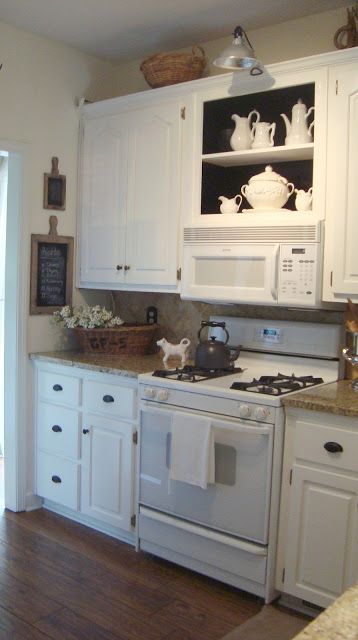 Cottage sytle home tour in Atlanta - Debbiedoos Shelves Above Microwave, Cabinet Above Microwave, Cody Smith, Remodel Kitchen Cabinets, Shabby Cottage Style, Kitchen Improvements, Above Cabinets, Vintage Farmhouse Style, Cottage Style Home