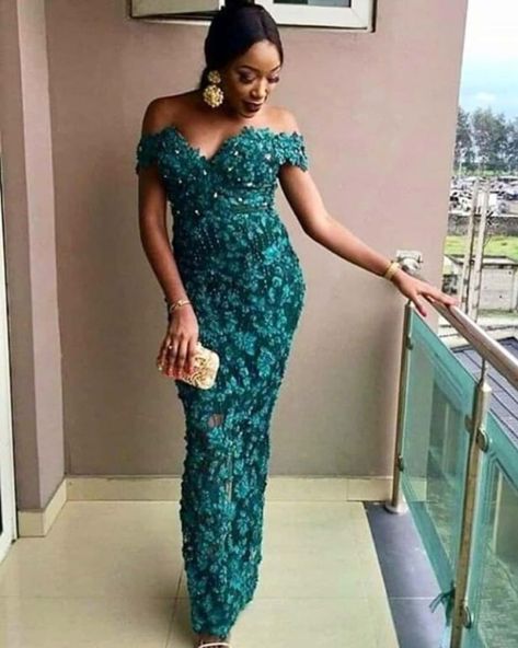 Sugar Lace Dress Styles, Off Shoulder Lace Dress, Sugar Lace, Latest Aso Ebi Styles, African Lace Styles, Lace Gown Styles, African Dresses Modern, Lace Dress Styles, Dinner Dress Classy