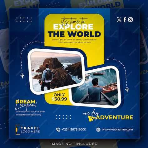 Premium PSD | Holiday travel tour package social media Instagram post Adventure square flyer web banner template Tour Banner Design, Square Brochure Design Layout, Travel Post Design, Tour Flyer, Social Media Flyer Design, Travel Flyer, Business Brochure Design, Brochure Design Layout, Banner Design Inspiration