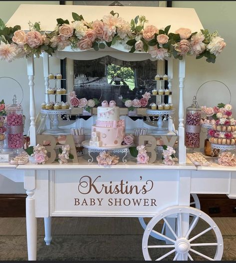 Desert Cart Dessert Tables, Baby In Bloom Shower Dessert Table, Dessert Cart With Balloons, Baby In Bloom Desert Table, Bridal Shower Flower Bar Cart, Floral Design Business, Party Entrance, Princess Theme Birthday, Buffet Decor