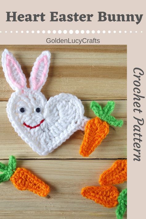 Heart-shaped bunny with carrot in his paw crochet applique. Bunny Free Crochet Pattern, Diy – Velikonoce, Crochet Easter Bunny, Bunny Applique, Easter Applique, Crochet Easter, Easter Crochet Patterns, Crochet Collection, Bunny Crochet