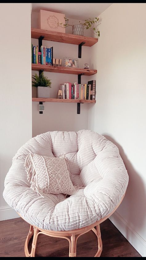 Turned an unloved, boring corner of my bedroom into a cosy place to read and relax. Papasan chair from papasanchair.co.uk Corner Ideas, White Chair, Cozy Corner, Bedroom, White, Design