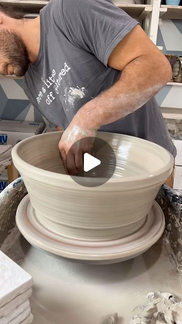 Jon Schmidt pottery on Instagram: "Throwing some big bowls today in the studio !  This was about 10 pounds of buff stoneware.   We just restocked all sizes of the “we’re a little off-centered“ t-shirts that I’m wearing on the Etsy shop.   We also have over 100 of our best pots going up in the April collection this Sunday at 6 pm CST!" Big Ceramic Bowls, Throwing Pottery, Pottery Projects, Making Pottery, Pottery Videos, Pottery Inspiration, Pottery Techniques, Big Bowl, Pottery Wheel