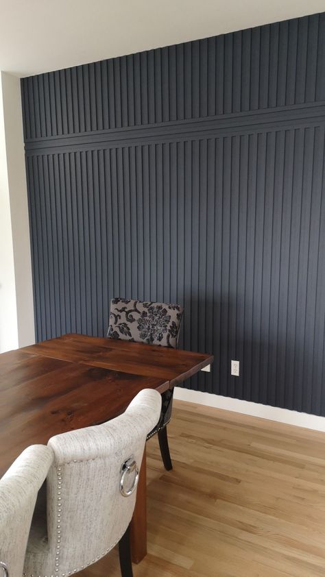 Vertical Panel Accent Wall, Wood Grid Accent Wall, Paneling Dining Room Wall, Slat Accent Wall Dining Room, Accent Wall Next To Kitchen Cabinets, Vertical Wall Paneling Ideas, Reeded Accent Wall, Simple Wall Treatments, Navy Slat Wall