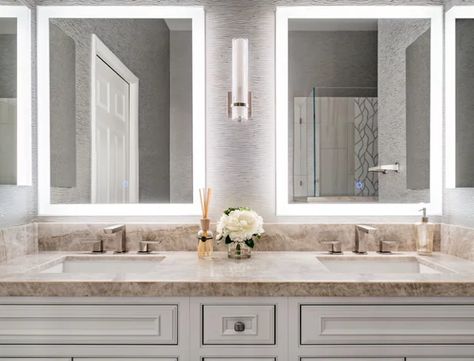 Light Up Mirror Vanity Master Bath, Led Light Vanity Mirror, Lights Between Mirrors Bathroom, Double Vanity Lighting With Led Mirror, Bathroom Vanity Lighted Mirrors, Master Bath Lighted Mirror, Bathroom Vanities With Mirrors And Lights, Mirror And Sconces Bathroom, Large Lighted Vanity Mirror