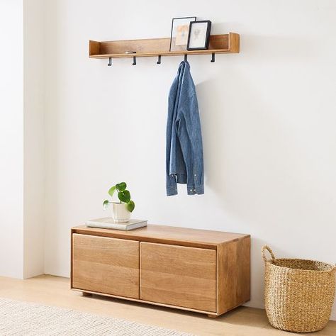 Modern Entryway Furniture & Decor | West Elm Small Living Room Wall Ideas, Aesthetic Things For Room, Mudroom Corner, Entryway Wall Hooks, Entry Shelf, Wood Entryway Bench, Living Room Wall Ideas, Entrance Tables, Nyc Bedroom