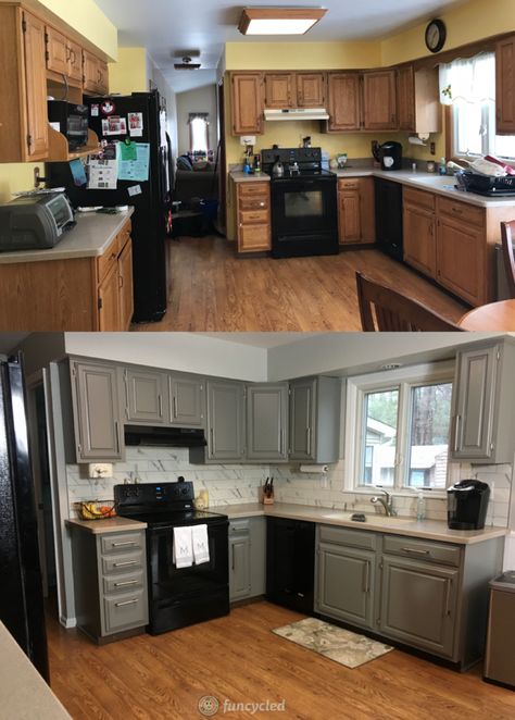 Oak Kitchen Cabinets Painted Chelsea Gray – FunCycled Paint Tile, Kitchen Diy Makeover, Diy Kitchen Renovation, Oak Kitchen Cabinets, Kitchen Cabinets Makeover, Oak Kitchen, Diy Kitchen Cabinets, Kitchen Cabinet Colors, Kitchen Redo