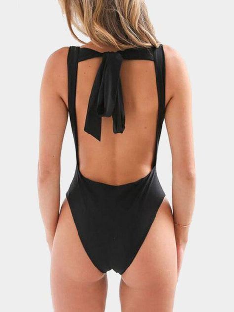 Sexy Sleeveless Backless Lace-up Back Swimsuit In Black - US$9.95 -YOINS Backless Playsuit, Short Noir, Bodycon Bodysuit, Rompers Womens Jumpsuit, Backless Bodysuit, Bodycon Jumpsuit, V Neck Bodysuit, Pullover Shirt, One Piece Dress