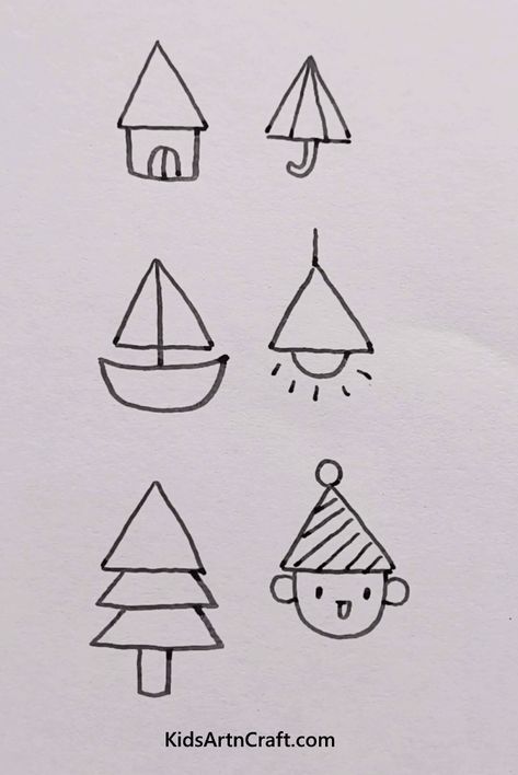 Easy to Make Drawing Ideas for Kids Triangle Drawing Ideas Easy, Easy Small Drawings Simple, Triangle Drawing Ideas, Daily Worksheet, Basic Drawing For Kids, Triangle Drawing, Make Drawing, Shape Drawing, Drawing Apple