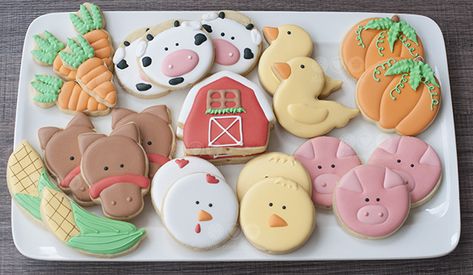 Farm Royal Icing Cookies, Farm Animal Cookies Royal Icing, Farm Animal Cookies Decorated, Barn Cookies Decorated, Animal Theme Cookies, Farm Animals Cookies, Farm Sugar Cookies, Farm Animal Sugar Cookies, Zoo Cookies