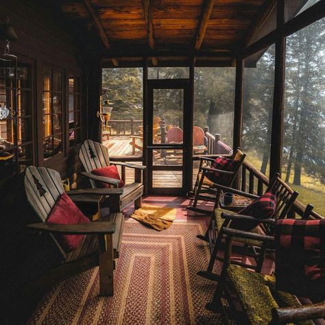 Rustic Cabin Porch, Rustic Porch Ideas, Wyoming Cabin, Rustic Sunroom, Cabin Porches, Sunset Room, Cabin Remodel, Cozy Places, Rustic Porch