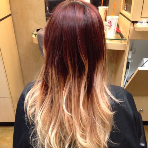 Red to blonde ombré! LOVE! Black To Red To Blonde Ombre Hair, Red Hair Blonde Ombre, Red Roots Blonde Ends, Red Hair Blonde Tips, Red Hair With Blonde Tips, Red To Blonde Ombre Hair, Pelo Colorado, Red Hair Fade, Blonde Hair With Red Tips