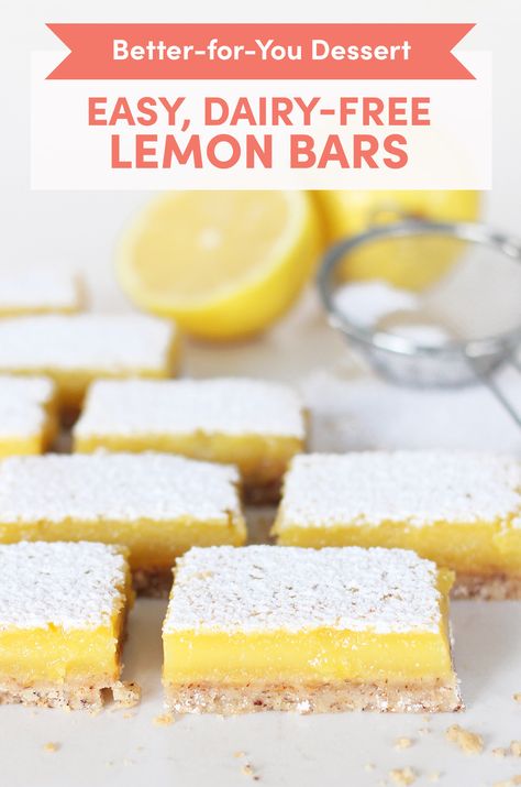 The recipe for these easy, dairy-free lemon bars uses clever ingredients to create a better-for-you dessert that still delivers the puckery deliciousness of the original, classic treat. Dairy Free Lemon Bars, Dairy Free Baking, Lemon Bars Recipe, Vegetarian Desserts, Amazing Desserts, Special Diet, Bar Recipes, Sweet Citrus, Dairy Free Dessert