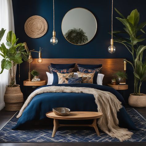 Mahogany And Blue Bedroom, Black Trim Blue Walls, Midnight Blue Bedroom Ideas Accent Wall, One Blue Wall Bedroom, Blue Bedroom Dark Furniture, Dark Blue And Green Bedroom Ideas, Blue Dark Bedroom, Deep Blue Bedroom Ideas, Dark Blue And Green Bedroom