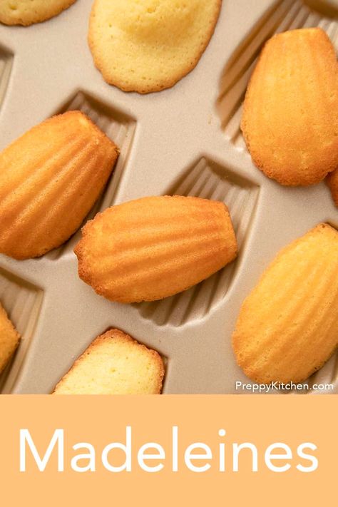 From Preppy Kitchen, these delicate and delicious little French butter cakes called Madeleines are light as air with a crisp edge and soft melt in your mouth crumb throughout. They're scallop-shaped delights made complete with a light dusting of powdered sugar. #madeleines #bestmadeleines #bestdesserts Keto Madeline Cookies, Madeleines Cookies, Madelines Recipe, Madeline Cookies Recipe, Madeleine Recipes, Madeleine Cookies, Preppy Kitchen Recipes, Madeleine Cake, Madeline Cookies