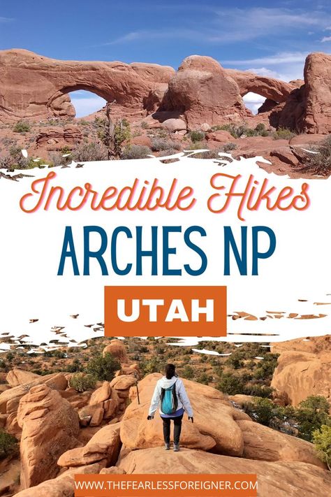 Windows Rock formations at Arches National Park // Hiker walking across a fin Arches National Park Hikes, National Park Hikes, Utah Arches, Delicate Arch, Utah Hikes, Hiking National Parks, Utah Travel, Hiking Destinations, National Parks Usa